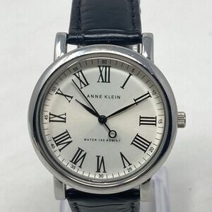 Anne Klein Boyfriend Watch Women 36mm Silver Tone Black Band New Battery 8.25"